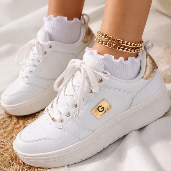 G by Guess Shoes - G by GUESS White and Gold Low Top Sneakers Women's Size 9